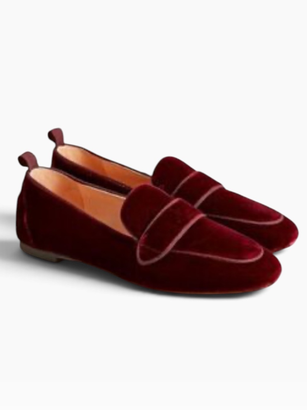 J. Crew burgundy velvet loafers leather lining Made in Morocco